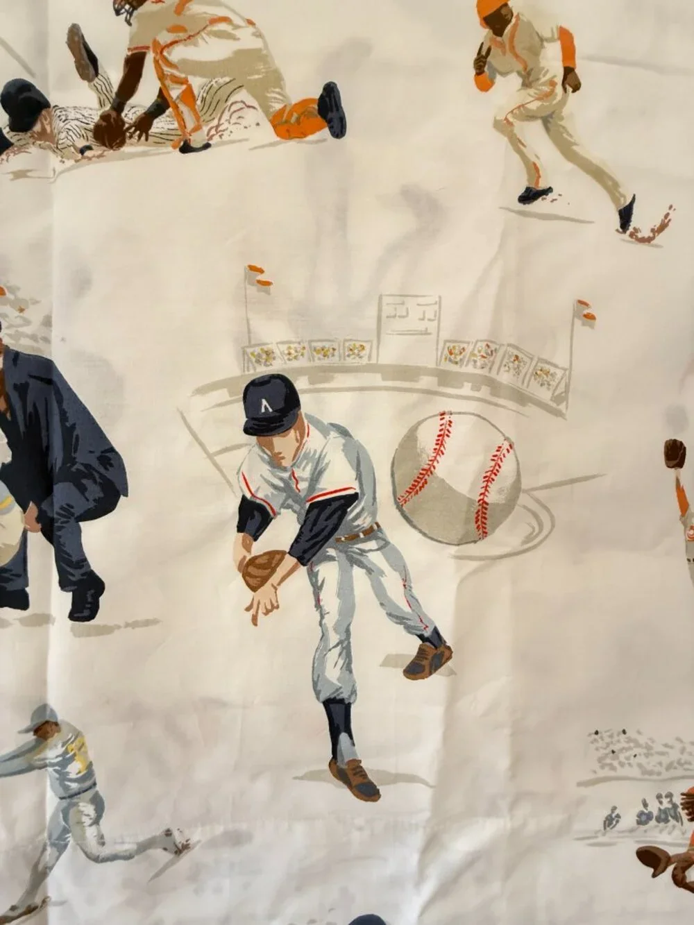 Pottery Barn Kids Vintage Baseball Player Twin Flat Bed Sheet Navy & Orange NWOT